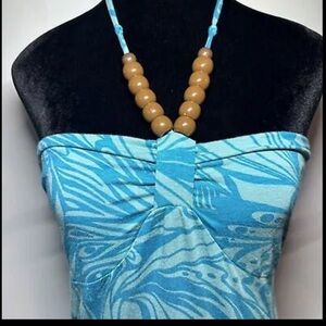 NWT Y2K Long Tube Top Susan Lawrence Tropical Shirt Halter Beads Tie Up Stretch